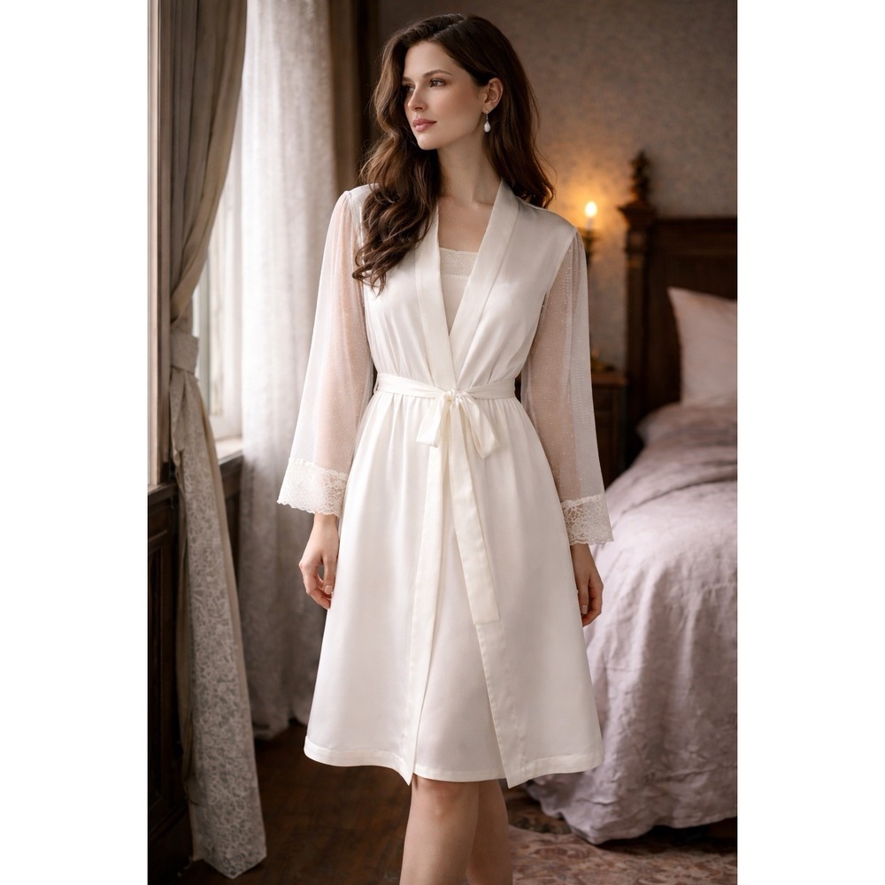 Linea Donatella Robe Chemise L White Satin Lace Trim Polka Dot Slip Romantic Set